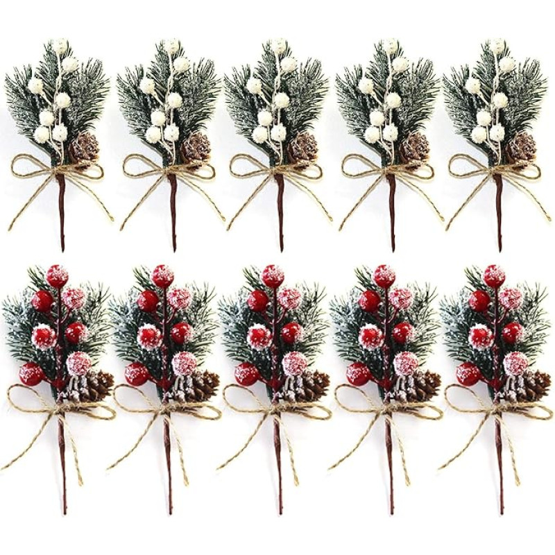 10 Red and White Christmas Berry Stems, Artificial Pine Picks and Sprays, Christmas Flower Ornaments for Christmas Wreaths, Home Vase Decoration (Red and White)