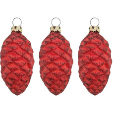 Thüringer Glasdesign Christmas Tree Decorations Pine Cones Red with Red Glitter Decoration, 3 Pieces/Set, Approx. 6 cm, Christmas Decoration