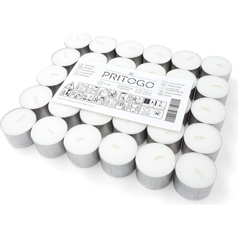 Pritogo Tea Lights – White, Unscented in Aluminium Case Diameter 3.8 x 2.5 cm, Soot-Free, Burn Time: 8 Hours (Pack of 90)