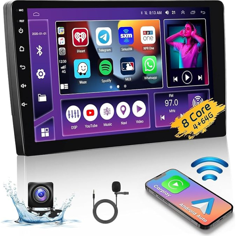 8-Core 4+64G: Hikity Double DIN Android Car Radio with Wireless CarPlay Android Car Mirror Link, 9 Inch IPS Touchscreen Bluetooth Car Radio with Sat Nav, 3-Split Screen RDS DSP GPS BT5.0 WiFi CAM