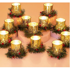 Glasseam Teelichthalter Weihnachten Tischdeko Teelichtgläser: 12er Set Kerzenhalter Gold mit Weihnachtskranz Teelichtglas für Weihnachtsdeko Tisch Kerzengläser Kerzenglas für Esstisch Party Deko