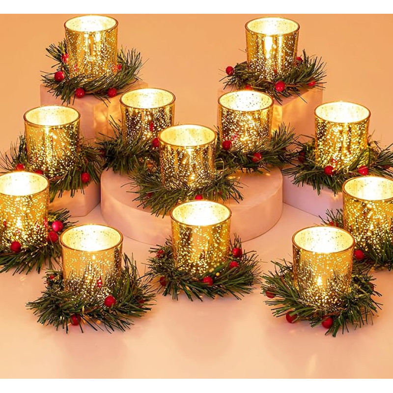 Glasseam Teelichthalter Weihnachten Tischdeko Teelichtgläser: 12er Set Kerzenhalter Gold mit Weihnachtskranz Teelichtglas für Weihnachtsdeko Tisch Kerzengläser Kerzenglas für Esstisch Party Deko