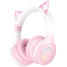 VuyKoo Children's Headphones Bluetooth with HD Microphone, Girls Cat Ear Headphones Over-Ear with LED Light Foldable Stereo Headphones Wireless Headphones Children for Mobile Phone/Tablet/PC (Pink)