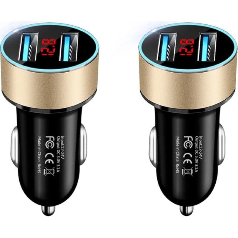 Olakey JMG-JS2 Car USB Charger with Voltmeter Display, 3.1 A 12 V / 24 V Dual USB Car Adaptor Charger, 2-Port USB Car Charger Adapter (Gold), Pack of 2