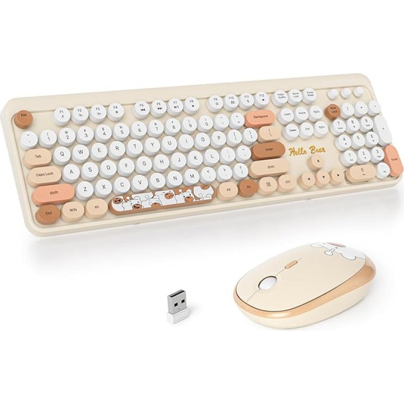SOLIDEE Wireless Keyboard and Mouse Combination, Retro Typewriter Keyboard, 2.4 GHz Round Keycap Keyboard with Numeric Keypad, 104 Keys Ergonomic Keyboard (American QWERTY) (Bear Beige)
