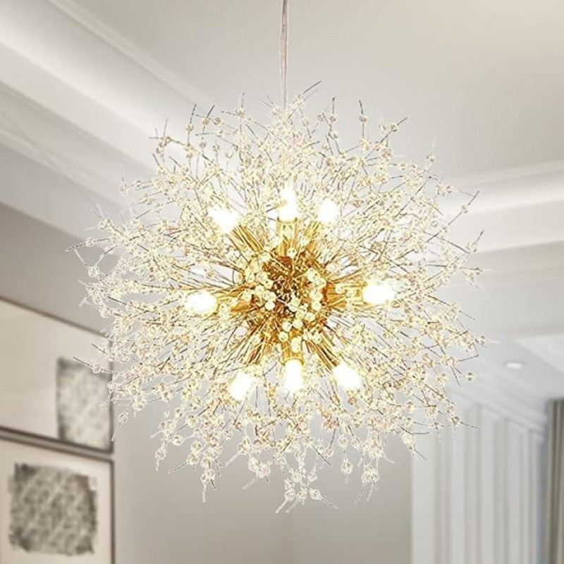 Chandelier 9-Bulb Dandelion Fireworks Chandelier Modern Crystal Pendant Lighting LED Crystal Ceiling Lights Hanging Lights (2 Crystal Rods + 9 G9 Lamp Beads for Gift