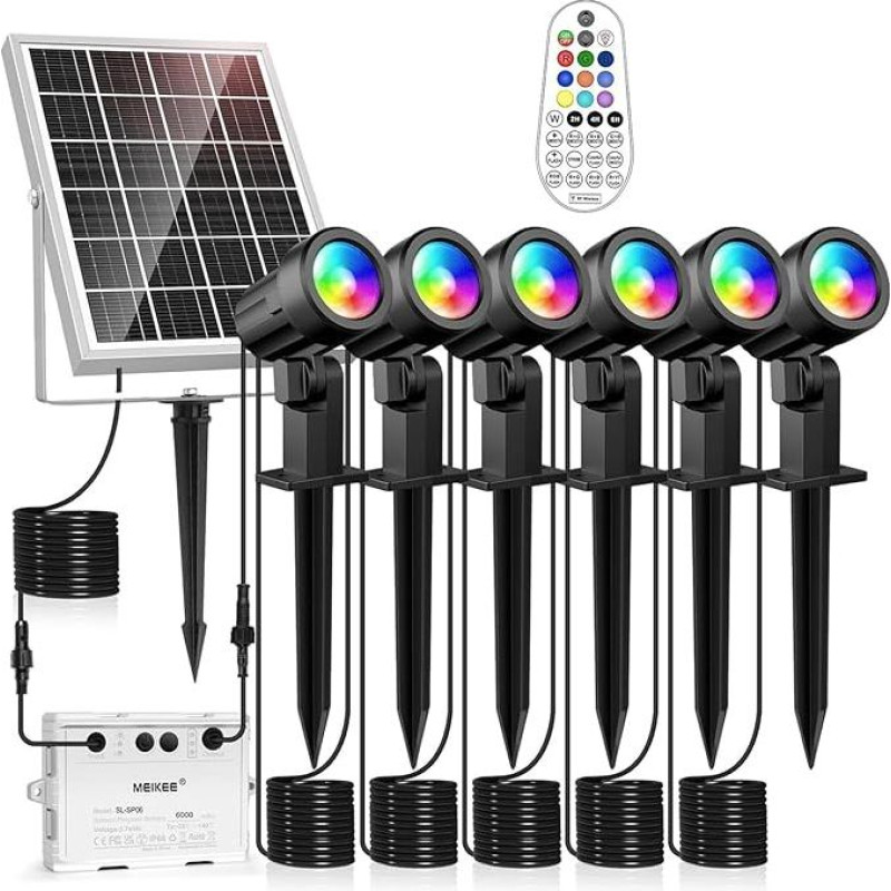 MEIKEE Solar Spotlight RGB 6 in 1 Solar LED Outdoor LED Garden Lights Remote Control Waterproof IP66 10 Colours 12 Modes Colour Changing 6 Brightness Levels 6000 mAh Solar Lights for Garden Path Patio