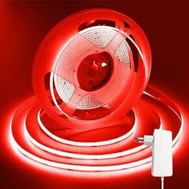 ShineBurky 24 V COB LED Strip, Red, 10 m LED Strip, Dimmable LED Strip Light, Flexible for TV Backlight, Kitchen, Bedroom Decoration (Includes Power Supply)