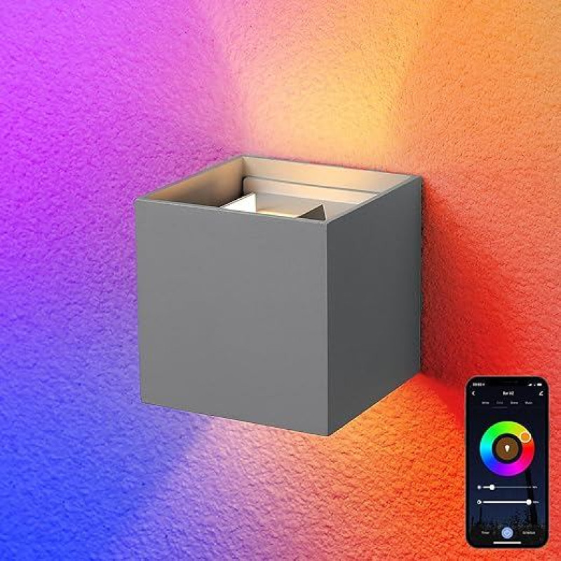 LED Wandleuchte Innen/Aussen 2x5W RGB-Farbwechsel,steuerbar per App/Sprachsteuerung Wandbeleuchtung Aluminium Wandlampe Einstellbarer Lichtstrahl Wandlampen IP65 Außenwandleuchte