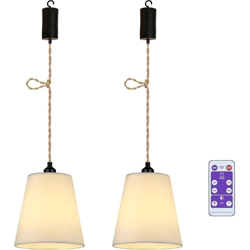 2 x Fabric Hanging Lamp with Battery Hemp Rope Boho Lamp Battery Ceiling Lamp Without Electricity Power Connection Battery Operated Ceiling Light Pendant Lamp Pendant Lamp with Bulb Lampshade Bedroom