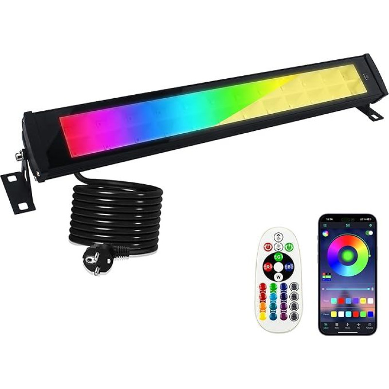 RGB Spotlight 50 W, RGB Wallwasher Light with Bluetooth App Control and 3000 K Warm White Floodlight, Dimmable LED Bar, IP66 Waterproof, Smart Party Lights for DJ, Disco, Garden, Halloween, Stage
