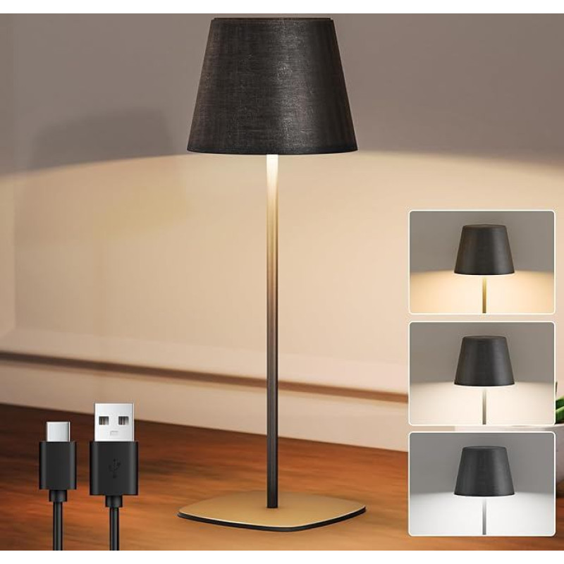 MALUX LED Dimmable Battery Table Lamp, Wireless with Touch, Dimmable in Levels, Height-Adjustable Battery Table Lamp, IP44 Waterproof Table Lamp with USB-C for Restaurant, Party, Black