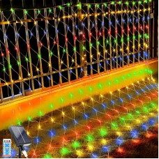 Saulės šviesos pasakų žibintai, 2 x 3 m LED šviesos tinklo pasakų žibintai, 192 šviesos diodai, 8 režimai, kalėdinis apšvietimas, lauko vandeniui atsparus šviesos tinklas su nuotolinio valdymo pulteliu, laikmatis gimtadieniui, vestuvėms (2 x 3 m,