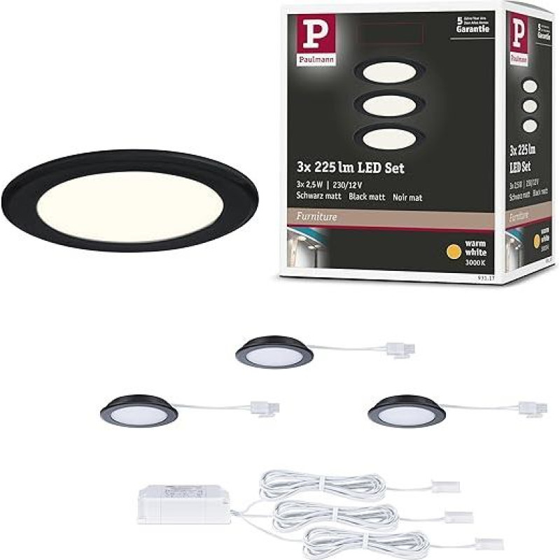 Paulmann 93117 LED Recessed Furniture Lights Set of 3 65 mm 3 x 2.5 W 3 x 180 lm 230/12 V 3000 K Matte Black