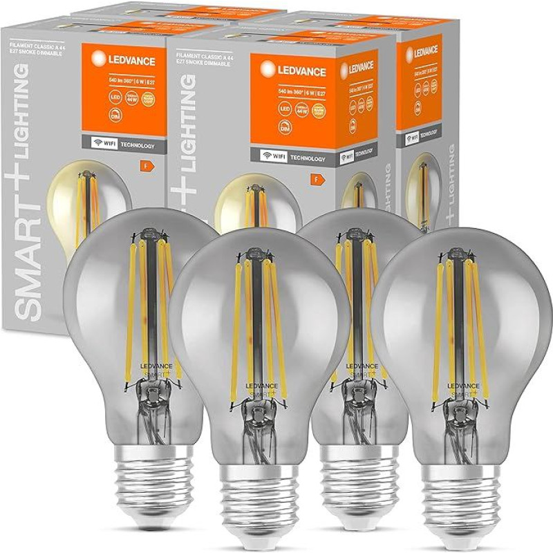 LEDVANCE Smart LED Lamp with WiFi Technology, E27, Dimmable, Warm White, Bulb Shape, Clear Filament in Smoked Glass, Replacement for Conventional 44 W Bulbs, Controllable with Alexa, Google & App,