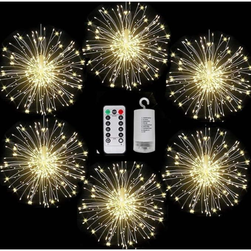 FOOING Fireworks Fairy Lights, 120 LEDs, Fireworks Fairy Lights, Christmas Light with Remote Control, Pack of 6, Battery Operated, Outdoor, Indoor, Christmas Lighting Decoration