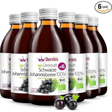 BerriesPolska® Ekologiškos juodųjų serbentų sultys, 6 vnt. (6 x 250 ml), ekologiškos grynos juodųjų serbentų sultys, 100 % šalto spaudimo motinos sultys, be cukraus, GMO, konservantų, veganiškos, ekologiškos