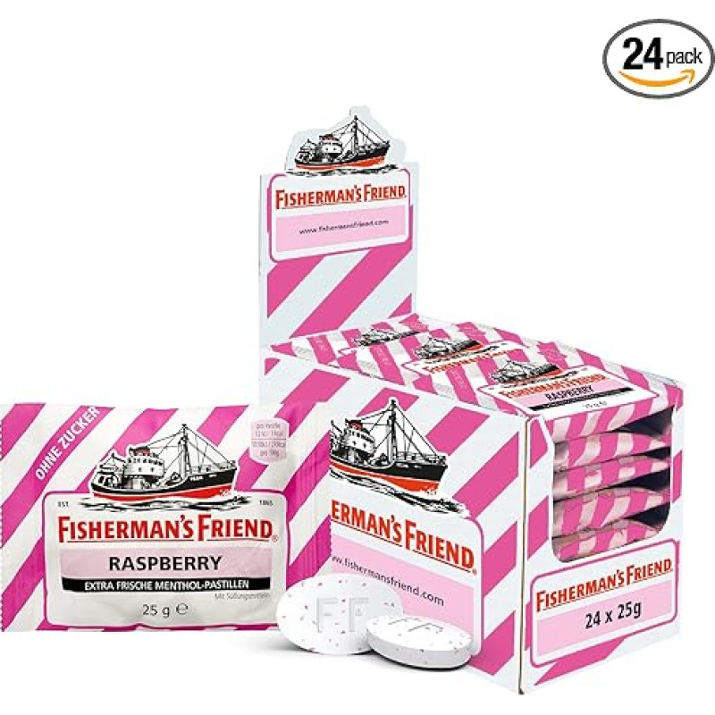Fisherman's Friend Raspberry, 24 Storage Boxes, Raspberry and Menthol Flavour, Sugar-Free & Vegan, Sweets for Fresh Breath, 24 x 25 g