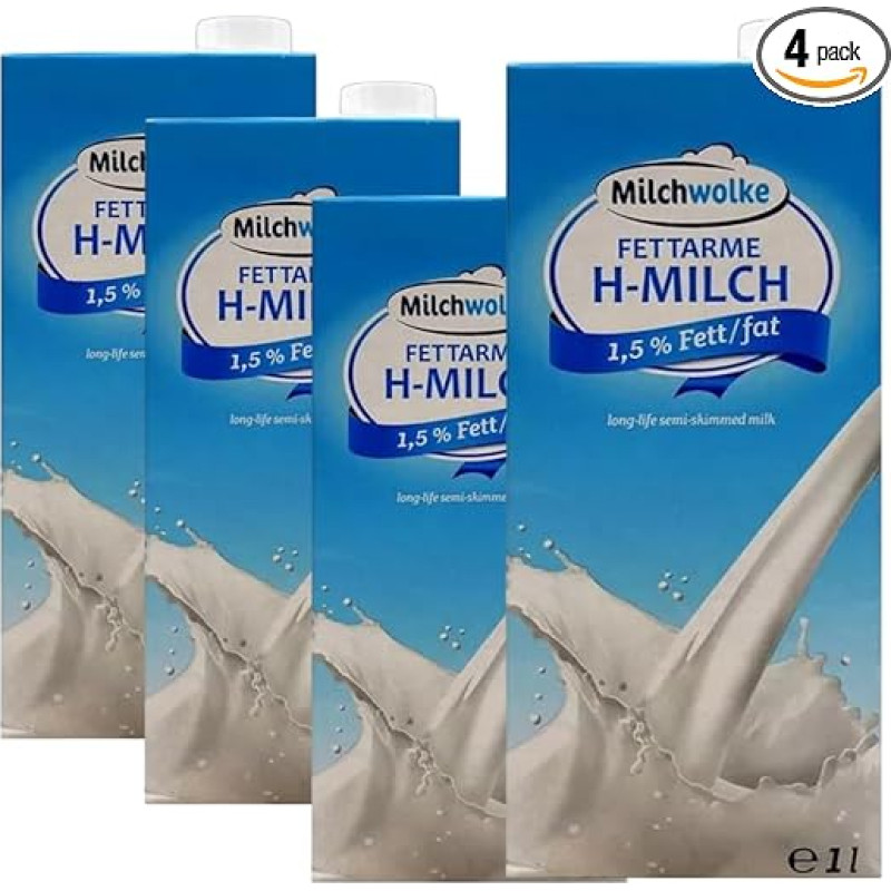 Milchvolke Durable Milk Low-Fat H-Milk 1.5% Fat, 1 Litre Each, Pack of 4