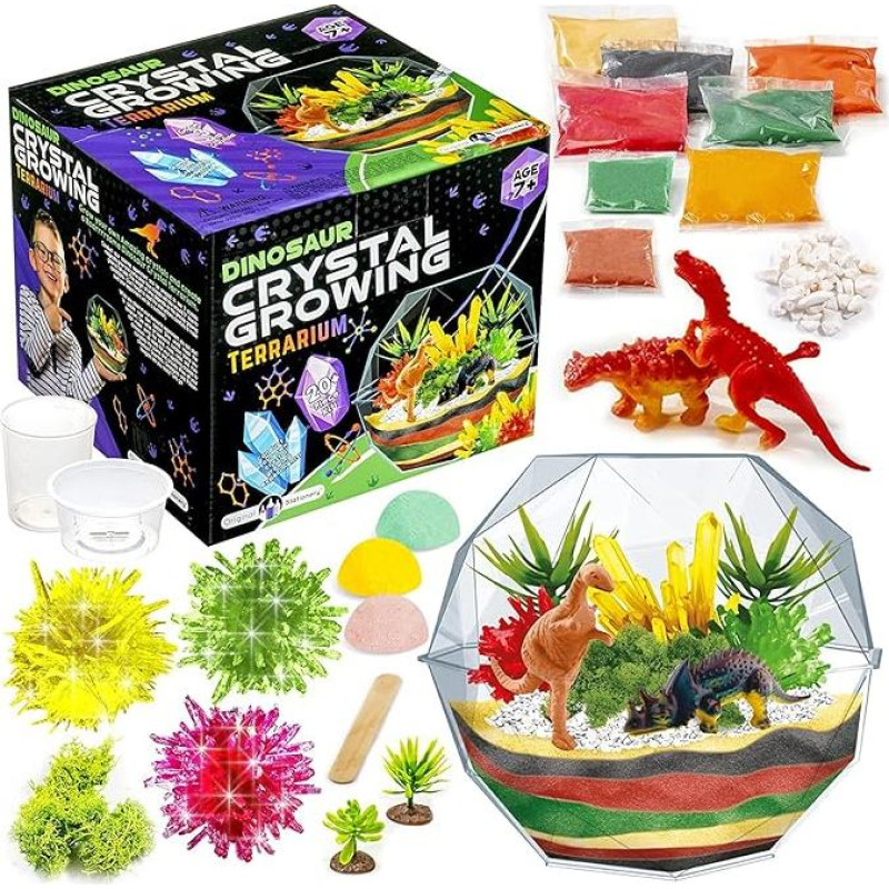 Original Stationery Grow Your Own Crystal Dinosaur Terrarium Kit, All-in-One Crystal Breeding Set with 2 Dinosaur Figures and Seeds for Growing 3 Crystals for Children, Creative Gifts
