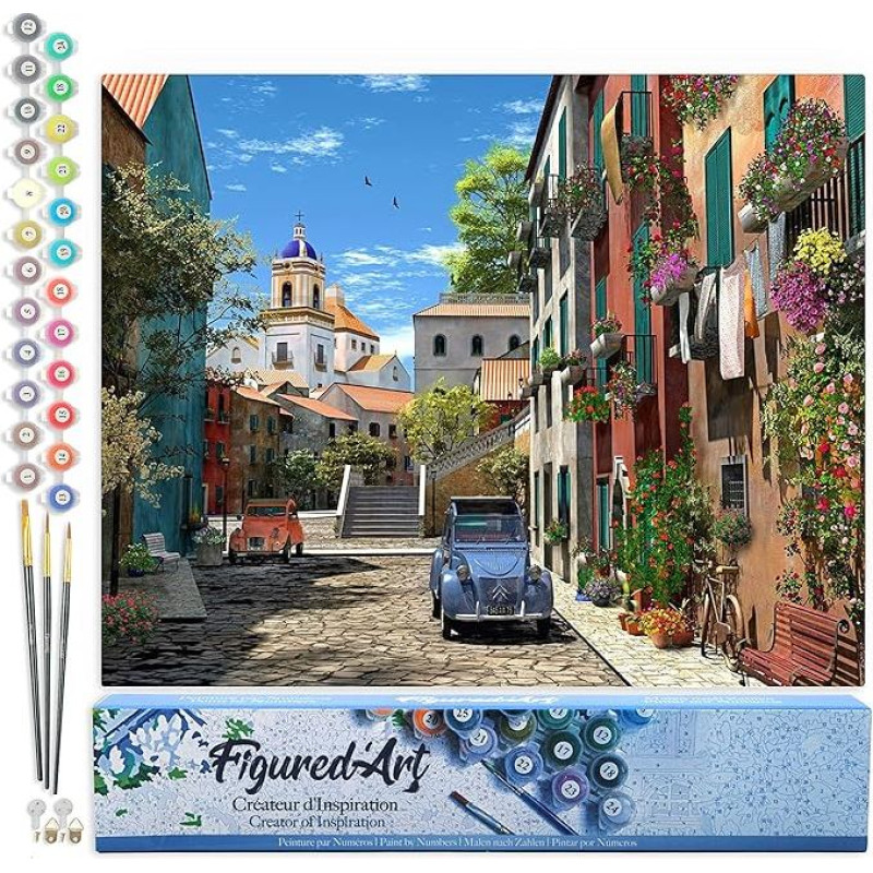 Figured'Art Paint by Numbers Adult Alley with 2CV - Paint by Numbers Craft DIY Craft Set 40 x 50 cm without Wooden Frame