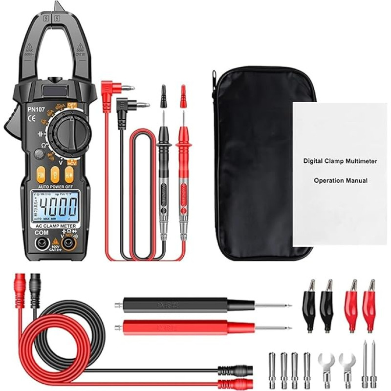 AIRUIXI Stromzange Zangenamperemeter, Multimeter, digital, Wechselstrom, Stromstärke, 600 V, Wechselspannung, True RMS, 4000 Zählen, elektrischer Kapazitäts-Ohm-Test(Black pro)