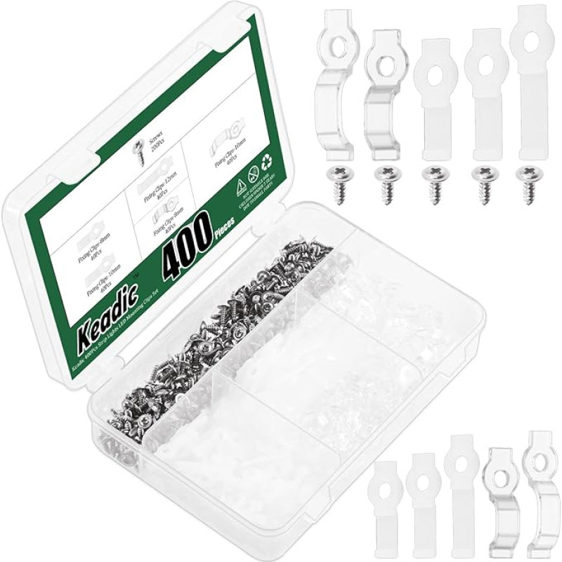 Keadic Pack of 400 Strip Light Bracket Mounting Brackets with Screws One Side Mounting Strip Clips Waterproof Strip Lights LED Mounting Brackets Set Ideal for 8 mm, 10 mm and 12 mm Width