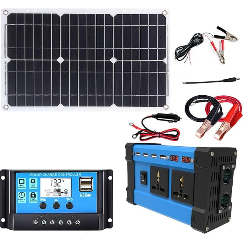 Tragbares Solarstrom-Kit 18 V/18 W wasserdichtes Solarmodul und 6000 W Solarwechselrichter, 110 V/220 V/30 A Controller mit 4 USB-Anschlüssen und intelligenter LED-Anzeige, geeignet for Wohnmobile, Au