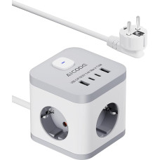 AICODE Socket Cube 3-Way 3680 W with 4 USB (2 x USB-C) and Child Lock - Power Strip with Switch, 2 m Cable, Compact & Portable for Home, Office, Travel - White