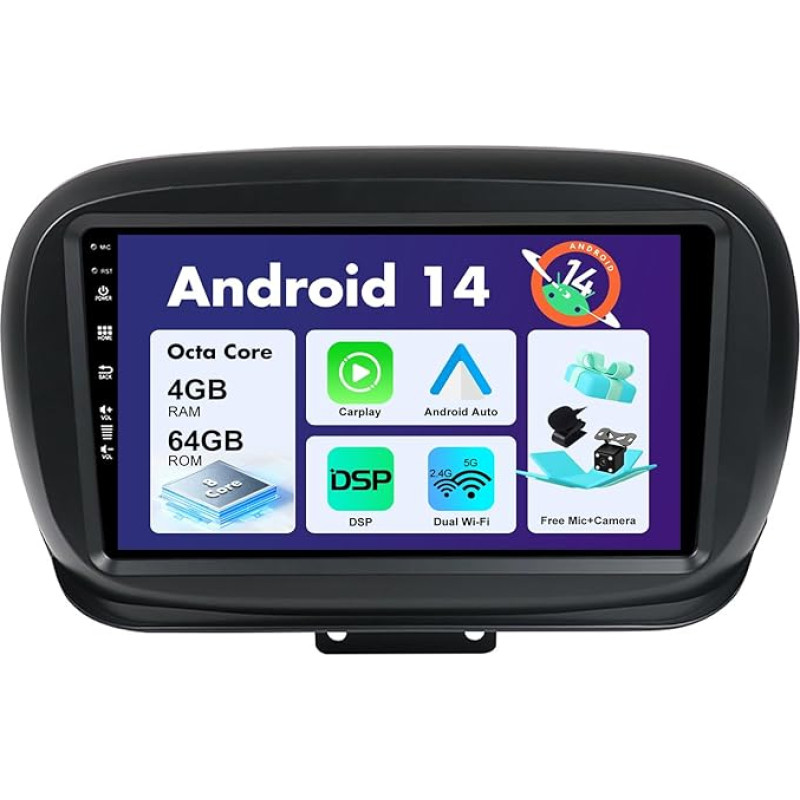 SXAUTO Android 14 Car Radio for Fiat 500X (2014-2020) - Wireless CarPlay Android Car - 4G + 64G - Camera + Mic - DAB Steering Wheel Control Dual-Band WiFi 360 Cam Bluetooth - 2 DIN IPS 9 Inch -