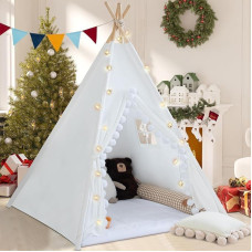 WIRHAO Teepee Tent for Children with Padded Mat Cotton Canvas Teepee Children's Tent with Pompom Indoor Children's Tent for Girls Boys with Star Lights, Carry Bag, Banner Flag (White)