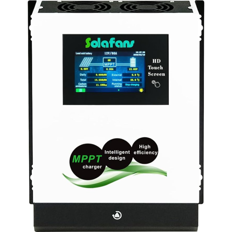 SOLAFANS 48V 90A MPPT valdiklis, 4,3 colių HD jutiklinis ekranas, 4960 W, PV DC150V, 12V/24V/36V, tuščių baterijų pakartotinis įjungimas, daugiakalbis, 