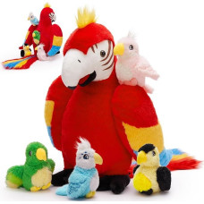 MorisMos 45 cm sėdinti papūga, minkštas žaislas XXL su 4 kūdikiais pilve, raudonasis makaka pliušinis paukštis, minkštas žaislas, dovana vaikams