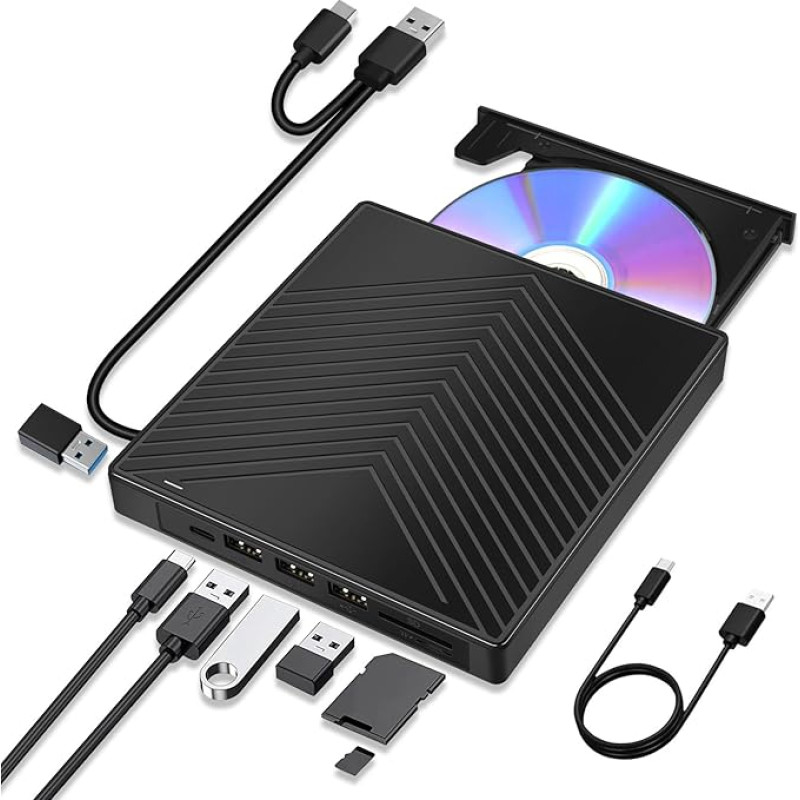 External CD DVD Drive USB 3.0 & Type-C Portable CD DVD +/-RW ROM Drive Reader Burner Rewriter with SD/TF 4 USB & USB-C Port for Laptop PC Windows 11 10 8 7 XP, Linux, Mac OS
