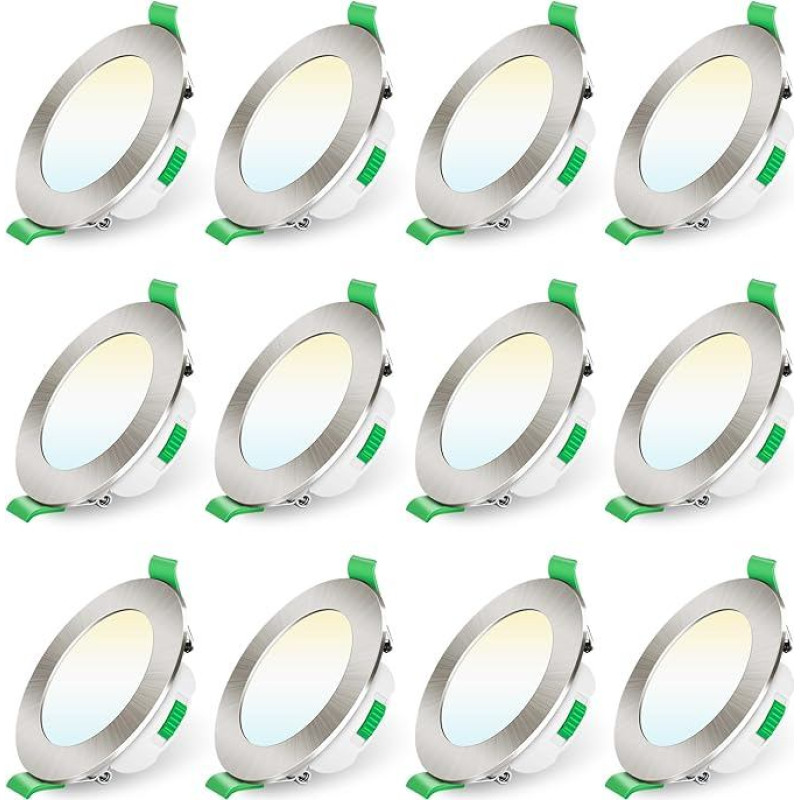 ALUSSO LED Recessed Spotlight, 230 V, Dimmable, 68 mm, 7 W, Ultra Flat, IP44 LED Spotlights, Warm White, Neutral White, Cool White, Recessed Lights for Bathroom, Kitchen, Living Room, Brushed Nickel,