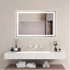 FANTASK Vonios veidrodis su apšvietimu, 60 x 40 cm LED veidrodis su apšvietimu, 3000K-6000K, nuo rūko apsaugotas vonios veidrodis su laikrodžiu