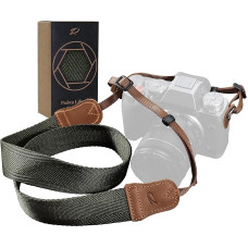 Padwa Lifestyle Olive Green Camera Strap - 1.5 Inch Wide Crazy Horse Cowhide Head Camera Straps, Pure Cotton Woven Adjustable Shoulder Neck Strap for DSLR Cameras, Great Gift for Photographers