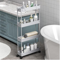 SAKA Slim Storage Cart 4 Tier Bathroom Trolley Storage Organizer Extendable Cart Mobile Shelf Organizer for Office Bathroom Kitchen Laundry Room Narrow Plarow Places Gray