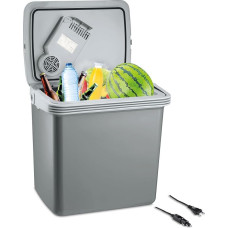 KLAMER elektrinė šaldymo dėžė, 25 litrų talpos šaldymo dėžė su šaldymo ir šildymo funkcija, 2 jungtys: 230 V ir 12 V cigarečių žiebtuvėliui, automobilinė šaldymo dėžė, skirta stovyklavimui, sodui ir kelionėms, pilka