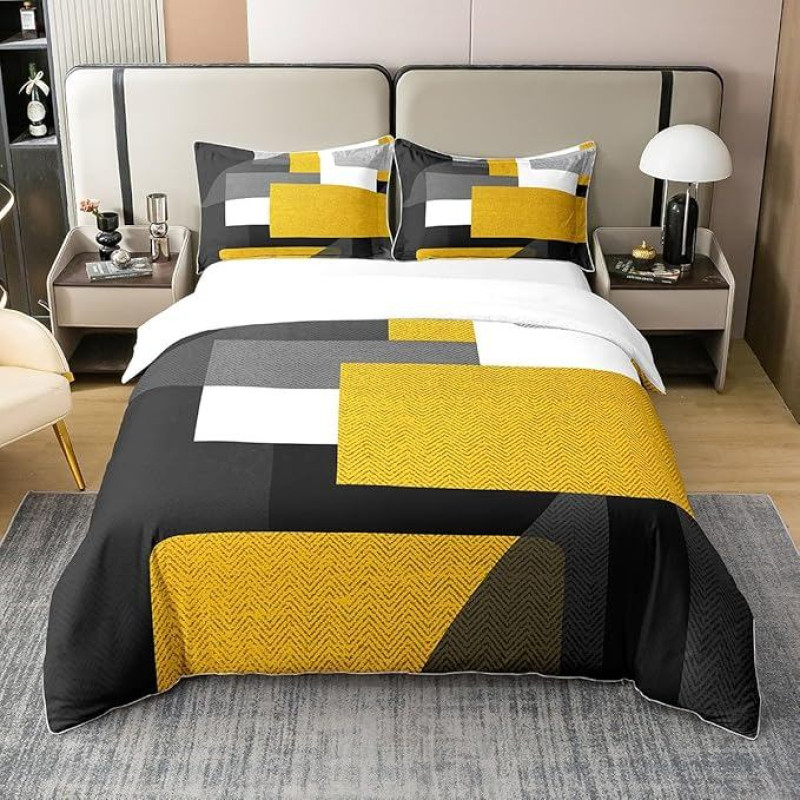 Homemissing Gelb und Schwarz, Baumwolle, Bettbezug, geometrisch, Platz, Bettwäsche, 220 x 240 cm, abstrakte Kunst, 3-teilig, Reißverschluss
