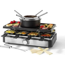 Petra 2-in-1 Raclette Grill & Fondue, Large Teppanyaki Grill for 8 People, Smokeless Electric Grill, 1.3 L Fondue Pot with Diving Forks, Includes Wooden Spatula and Sliders, for Social Evenings