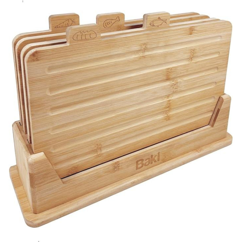 Baki Premium Bamboo Chopping Board Set of 4 Perfect for Bread, Fish, Meat and Vegetables with Rack