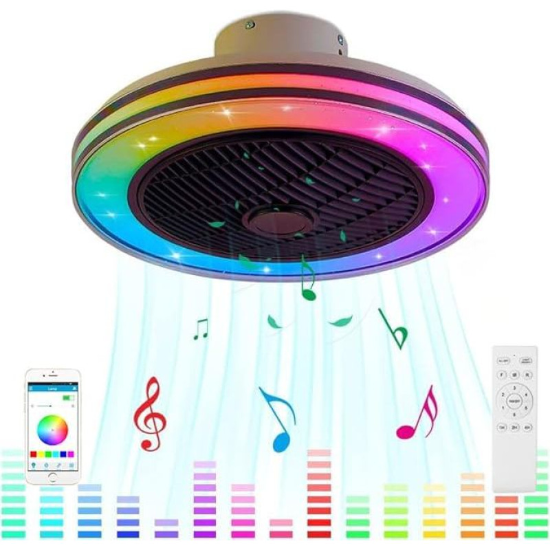 Quiet LED Ceiling Fan with Lighting and Bluetooth Speaker, RGB Music Fan, RGB Ceiling Light with Remote Control, Dimmable Fan Ceiling Light for Bedroom, Children's Room, Lamp Fan Light