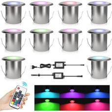 DarisingSun 10 LED Recessed Floor Lights, RGB Diameter 39 mm 0.5 W Aluminium LED Recessed Spotlights with Remote Control, Dimmable, Colour Changing, IP67 Waterproof Patio Heater Light Outdoor for