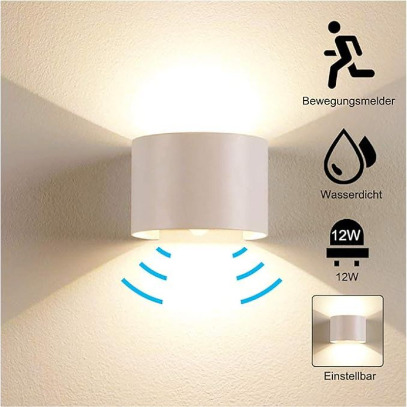Elitlife 12 W Wall Light with Motion Sensor Outdoor Light Waterproof Outdoor Wall Lights LED Wall Lamp Indoor Wall Lamp Aluminium Wall Light for Garden/Hallway/Pathway, [Energy Class A+++] (White)