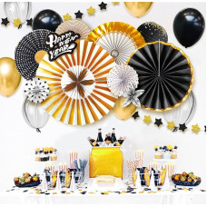 Nicrohome 2024 Naujųjų metų išvakarių vakarėlio dekoracijos, laimingų Naujųjų metų juodos ir auksinės Naujųjų metų vakarėlio dekoracijos, laimingų Naujųjų metų balionai, popierinės vėduoklės, girliandos, žibintų dekoracijos