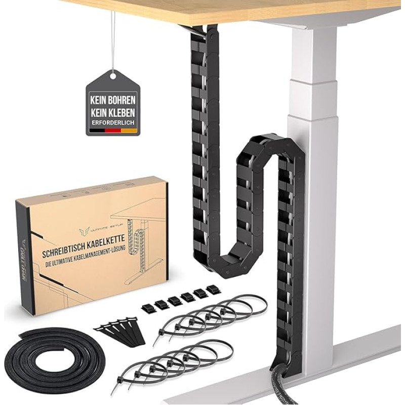 Cable Management Set 130 cm for Desk, Flexible Cable Organiser with Slots, Modular Design, Includes Mounting Material, for PC, Monitor & Office (Black, PP Material)