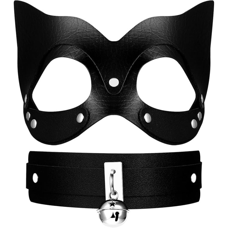 OIDEA Damen Leder Katzenmaske Set: Dino Stil Augenmaske & Halsband mit Glöckchen Maskerade Kostüm Maske für Karneval Maskenball Rollenspiele Kostüm Cosplay