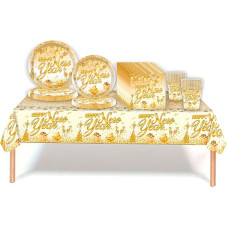 69 vnt. vakarėlių stalo indų rinkinys, plastikinė staltiesė, popierinės lėkštės, servetėlės ir puodeliai, skirti vakarėlių stalo puošybai (Naujieji metai)