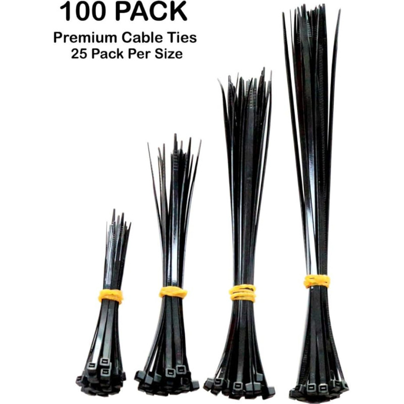 Accufix™ Premium Black Cable Ties 100 Pack 3.6mm Heavy Duty Cable Ties for Home Office Garden Various Sizes 100mm 150mm 200mm 250mm (25 Premium Plastic Ties Per Size)